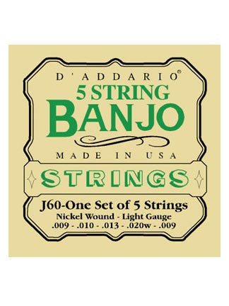 D'Addario 5 String Banjo Strings - Nickel Wound - Light 9-20 - Set
